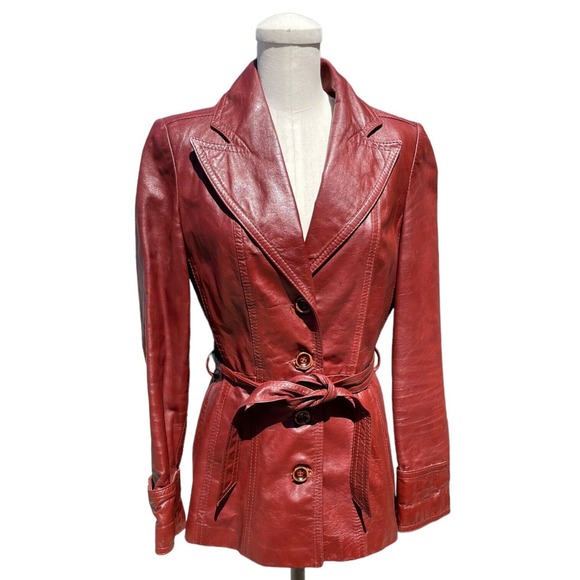 Vintage Jackets & Blazers - Vintage 70s Gassy Jack Gabriel Levy Cognac Real Leather Jacket Red Brown Belted